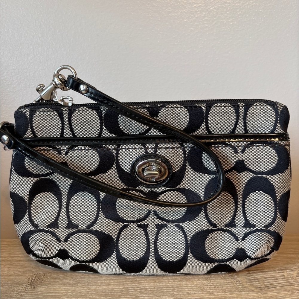 Coach Signature Accessory Pouch Wristlet Black Grey Leather Canvas